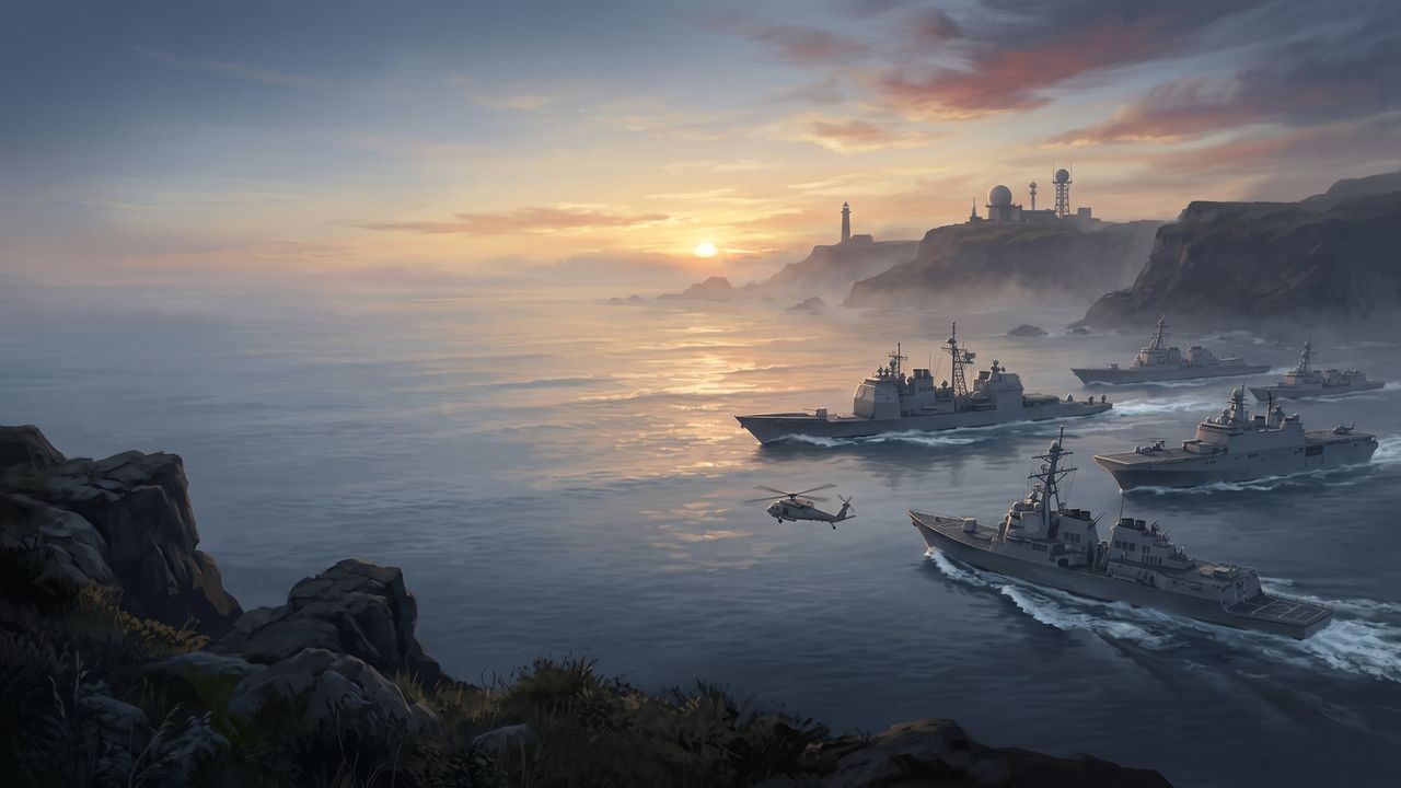 Illustration: a naval task force at dawn off a rocky coast.
