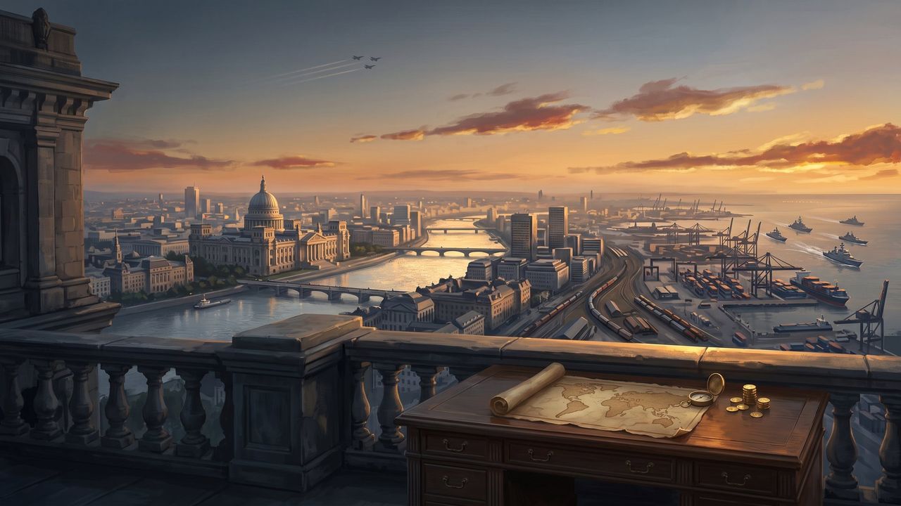 Illustration: a desk with a map and gold coins overlooking a capital at sunset.