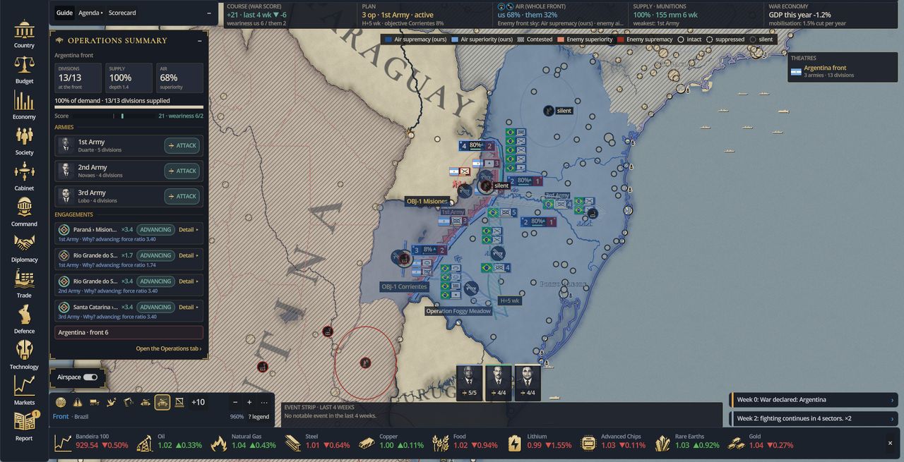In-game airspace layer: air superiority zones drawn over a campaign front.