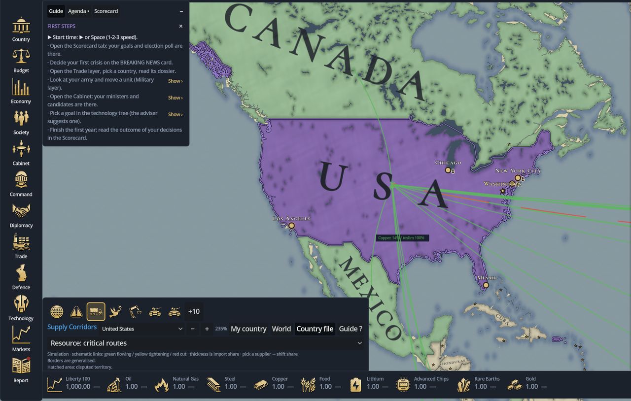 In-game supply corridors map layer: critical import routes drawn from trading partners.