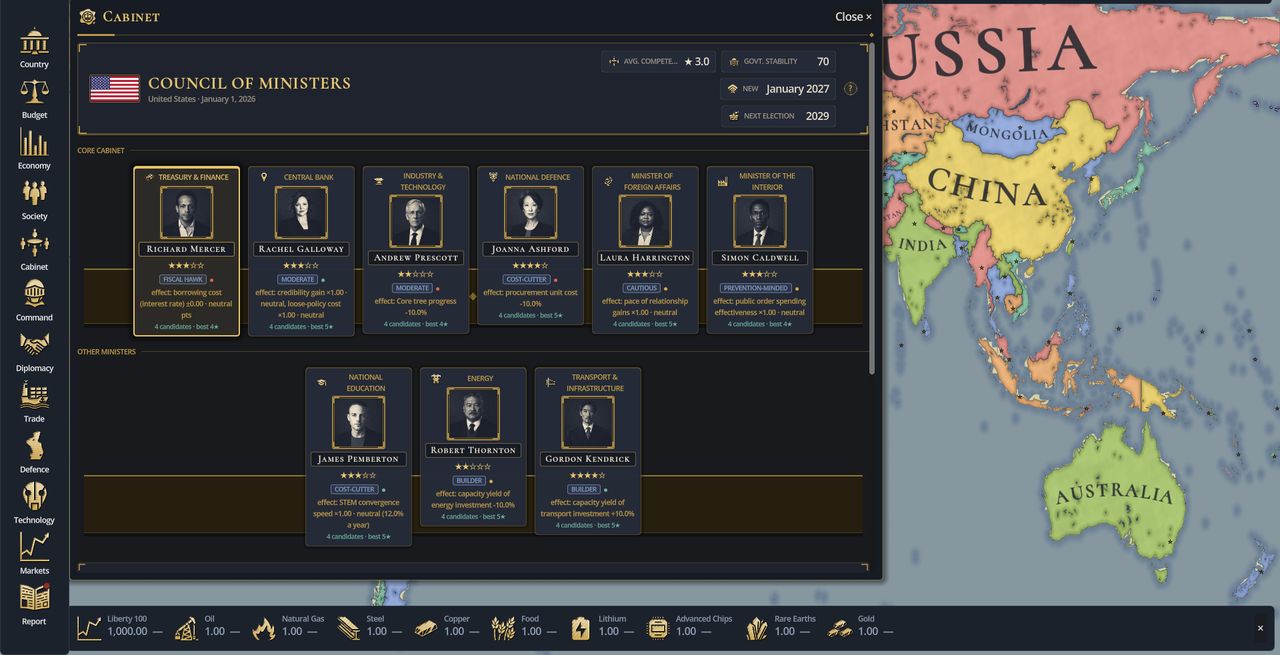 In-game Cabinet screen: council of ministers with treasury, central bank, industry, defence and other seats.