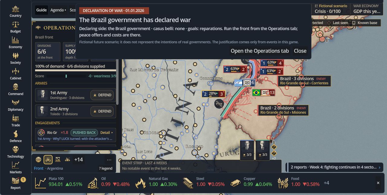 In-game crisis start: a declaration card marked as a fictional scenario.