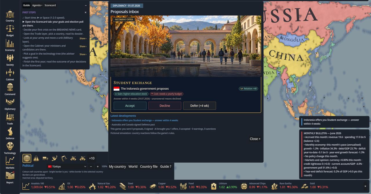 In-game proposals inbox: an illustrated student-exchange offer with accept, decline and defer buttons.
