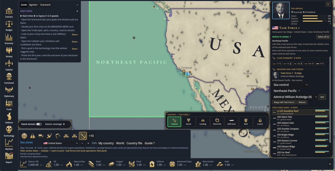 In-game sea zones layer with a naval task force panel and its mission bar.