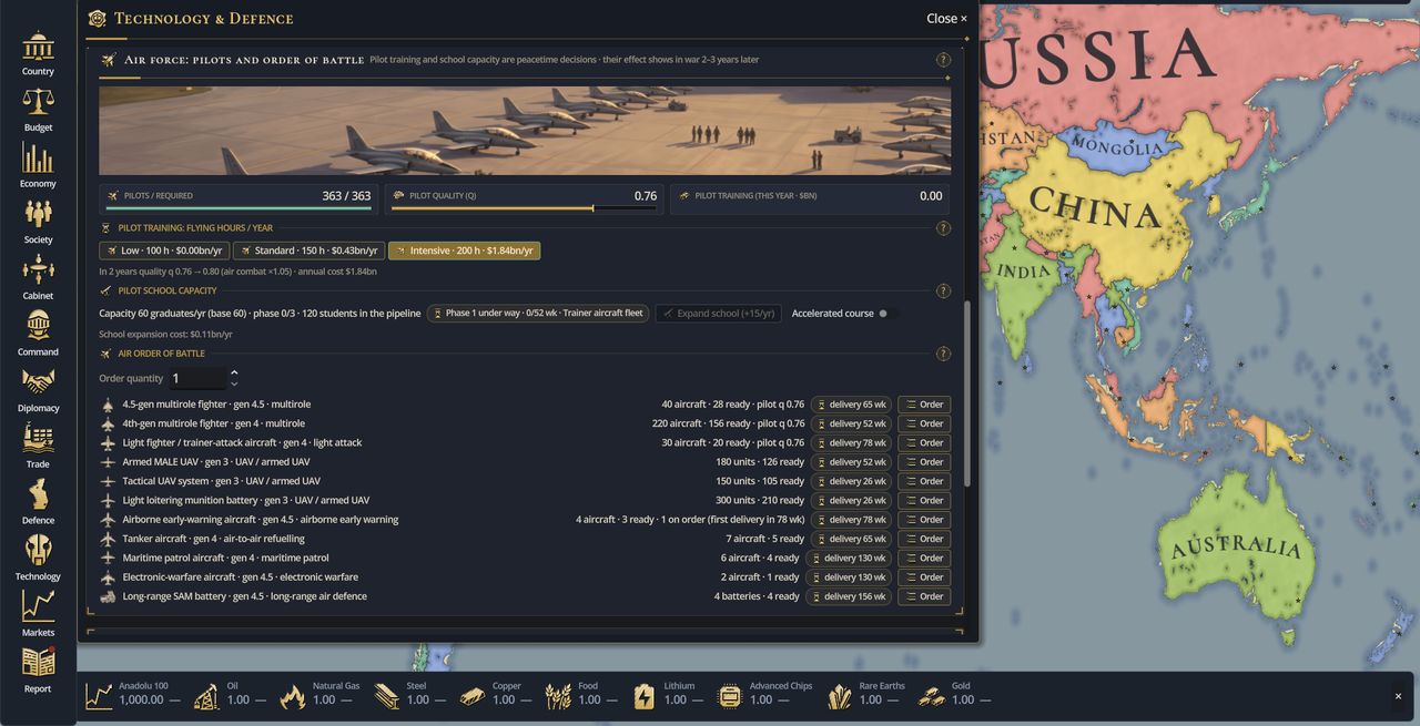 In-game air force screen: pilots, training hours, pilot school and air order of battle.