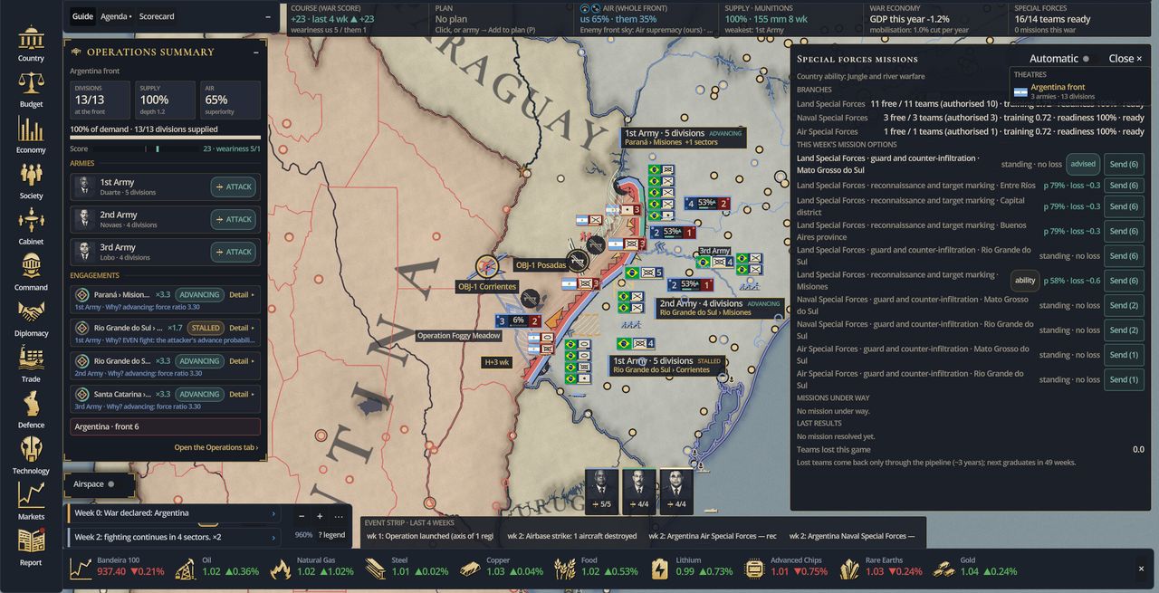 In-game war room with the special forces missions panel open beside the front.