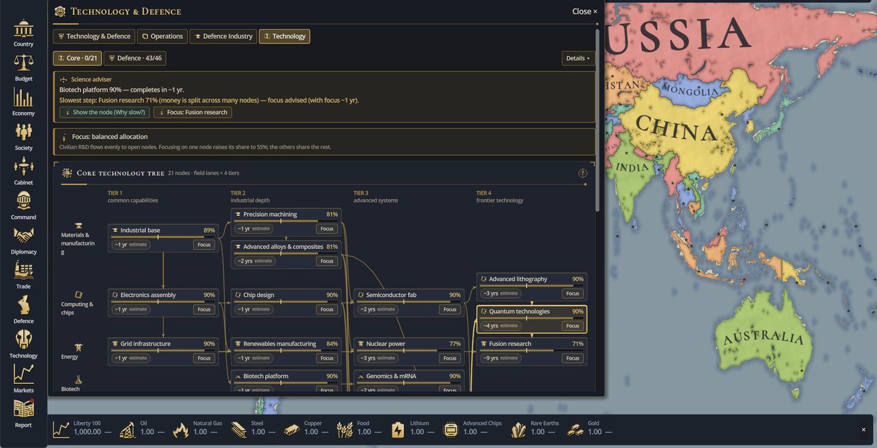In-game core technology tree with tiers, research progress, focus buttons and a science adviser.